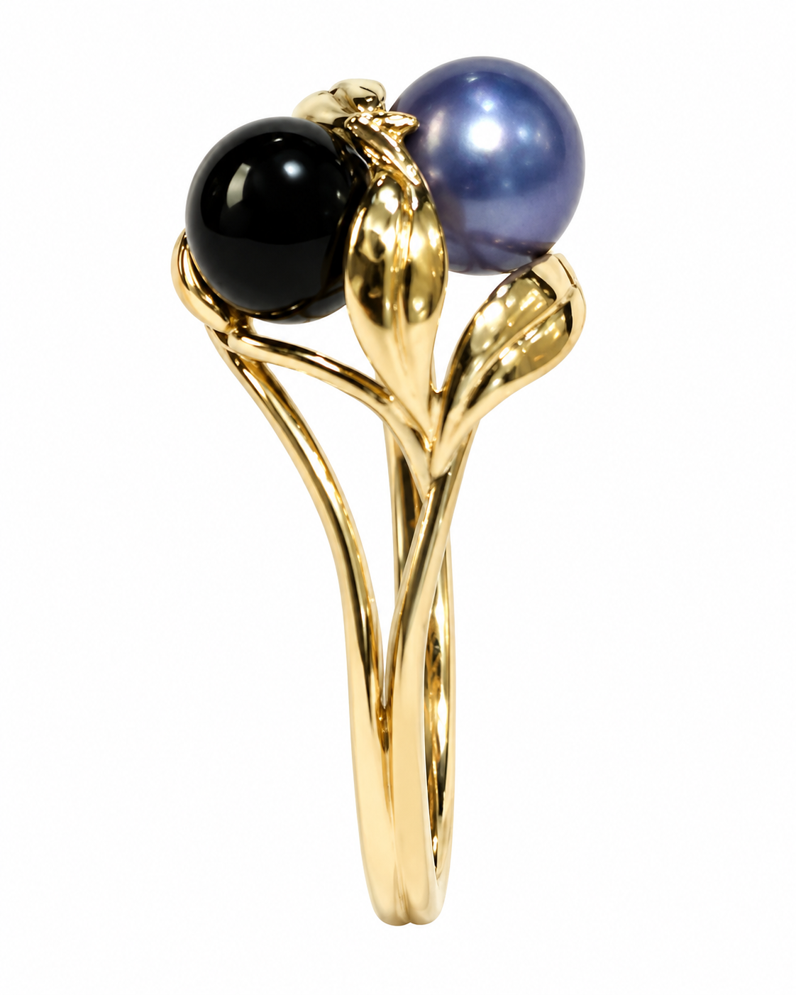 14K Yellow Gold Blue Pearl & Onyx Two-Stone Ring