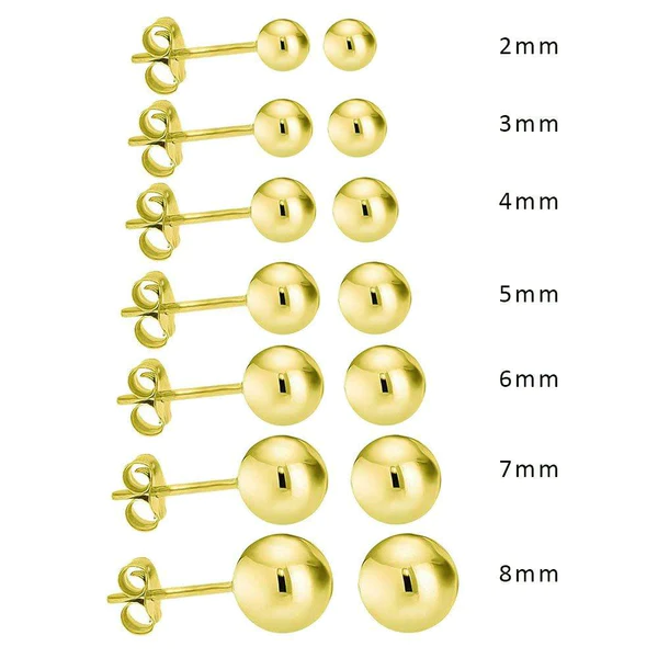 Yellow Gold Push Backing Bead Stud Earrings, 14k,  2MM