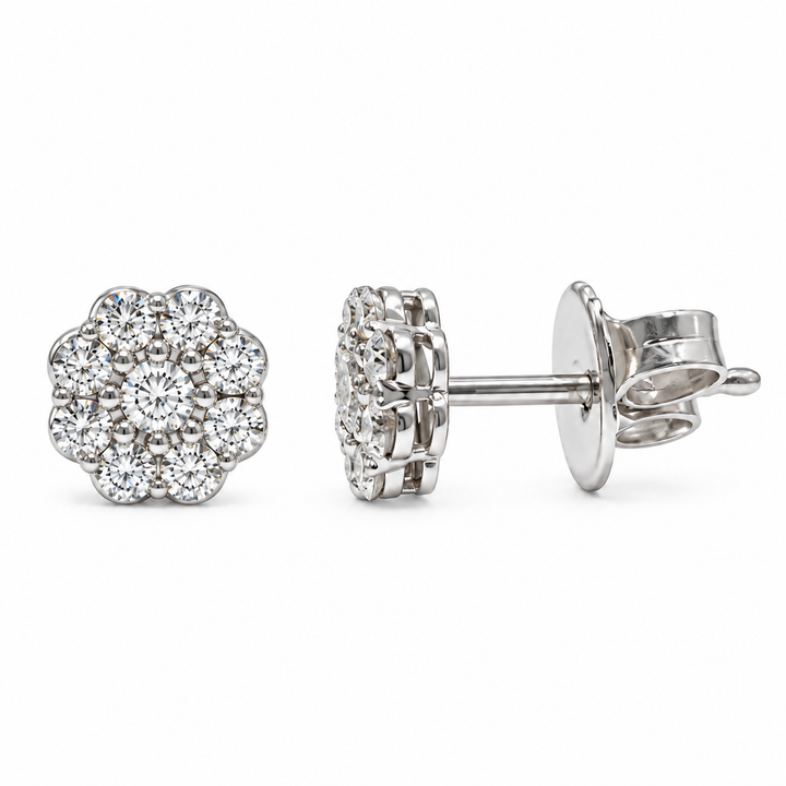 18K Gold Diamond Flower Cluster Stud Earrings