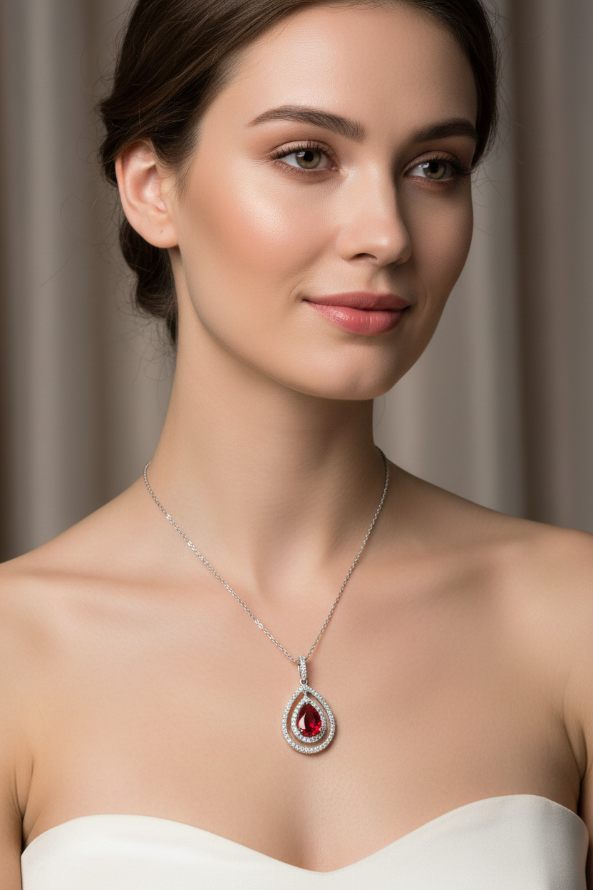 925 Sterling Silver Rhodium Plated Open Teardrop Red Center CZ Necklace
