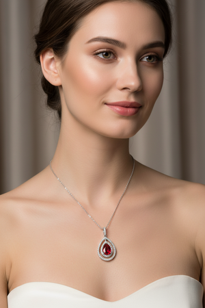 925 Sterling Silver Rhodium Plated Open Teardrop Red Center CZ Necklace