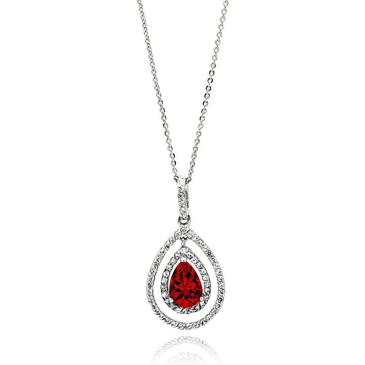 Sterling Silver Rhodium-Plated Open Teardrop Red Center CZ Necklace
