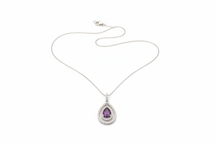 Sterling Silver Rhodium-Plated Open Purple Teardrop Center CZ Necklace