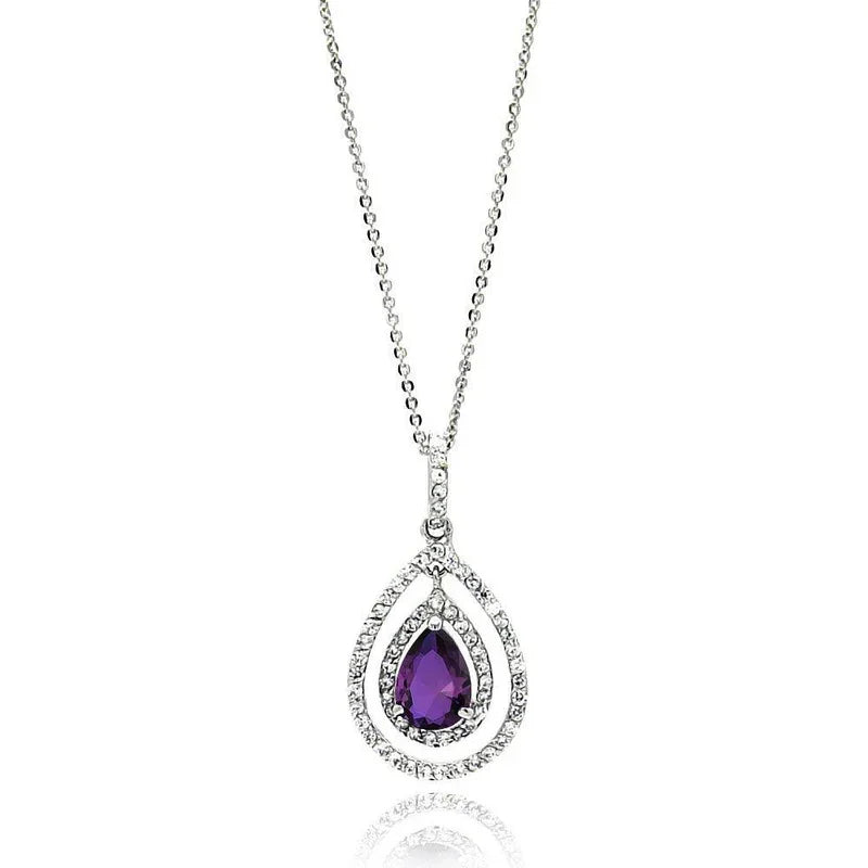 925 Sterling Silver Rhodium Plated Open Purple Teardrop Center CZ Necklace