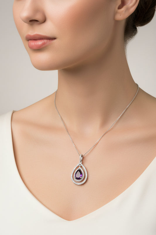 925 Sterling Silver Rhodium Plated Open Purple Teardrop Center CZ Necklace