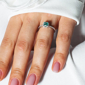 925 Sterling Silver Square Halo Turquoise CZ Bridal Ring -