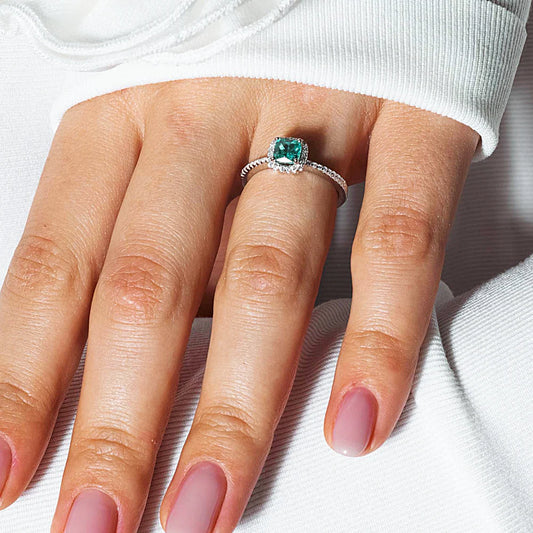 925 Sterling Silver Square Halo Turquoise CZ Bridal Ring -