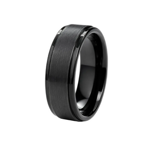 Black Tungsten Wedding Band 8mm Comfort Fit — three-quarter product view on white
