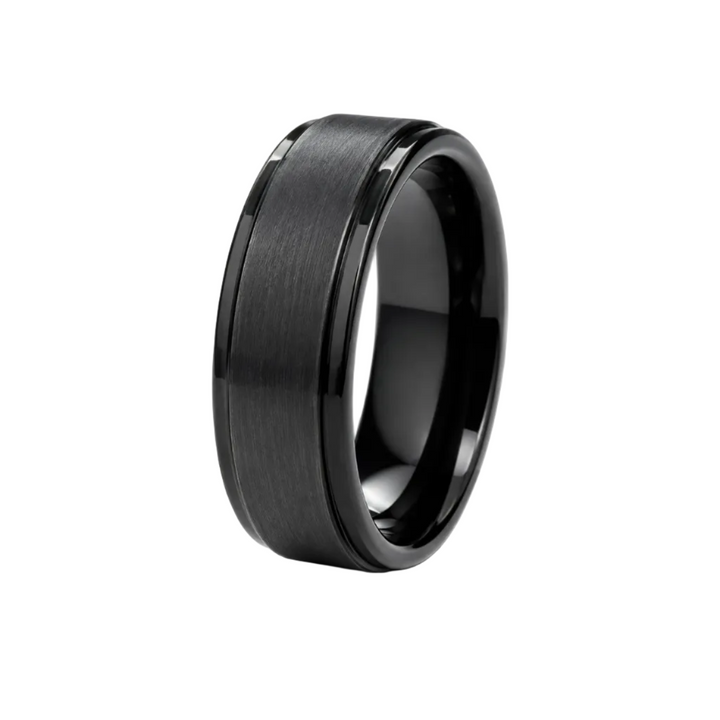 Black Tungsten Wedding Band 8mm Comfort Fit — three-quarter product view on white