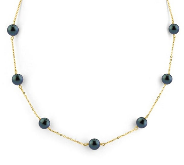 14K Yellow Gold Black Pearl Station Necklace. 9 Tahitian Black Pearl 8.5mm