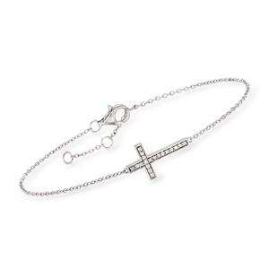 White Gold Bracelet with cross and 27 Round Diamonds, 0.2ct, SI, G,  14k,  6 1/2 to 7 1/2 Inches Adjustable