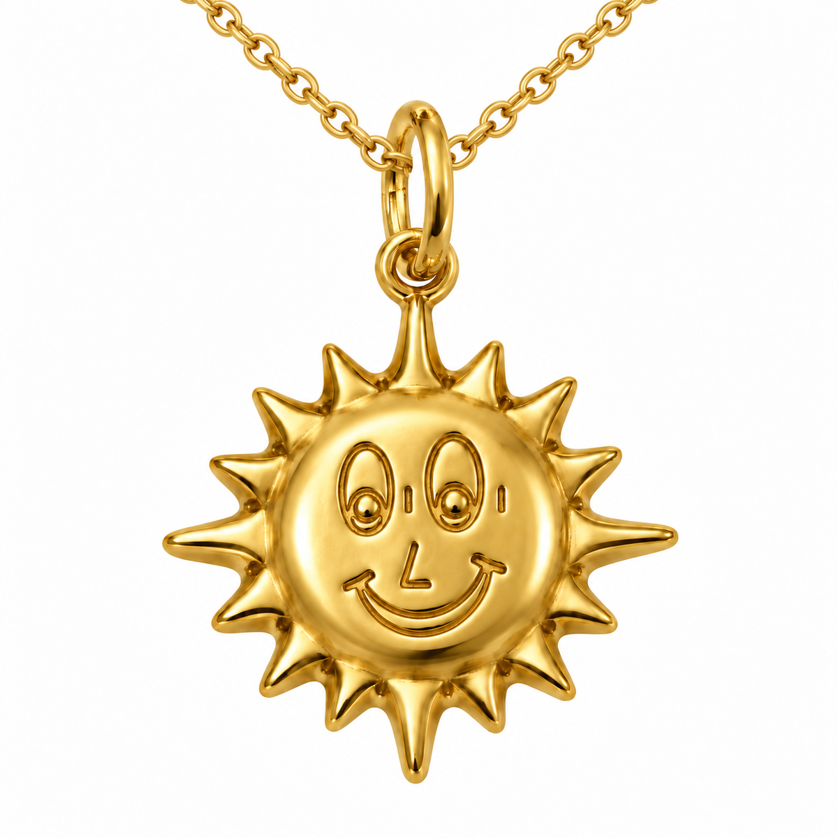 18K Yellow Gold Kids Smiling Sun Pendant - front view on chain
