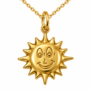 18K Yellow Gold Kids Smiling Sun Pendant - front view on chain