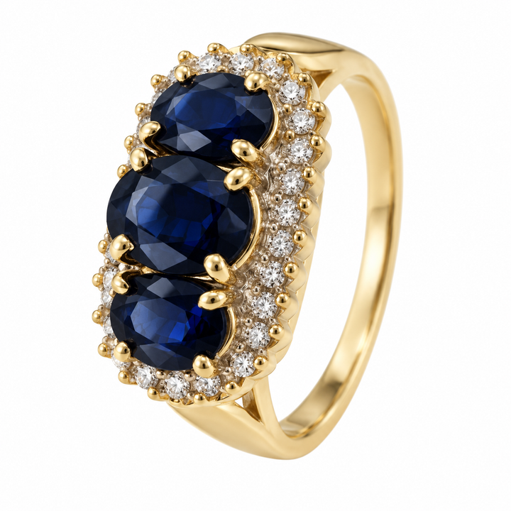 14K Yellow Gold Vintage Three-Stone Oval Sapphire & Diamond Halo Ring