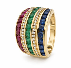 14K Yellow Gold Ruby, Emerald, Sapphire & Diamond Multi-Row Ring
