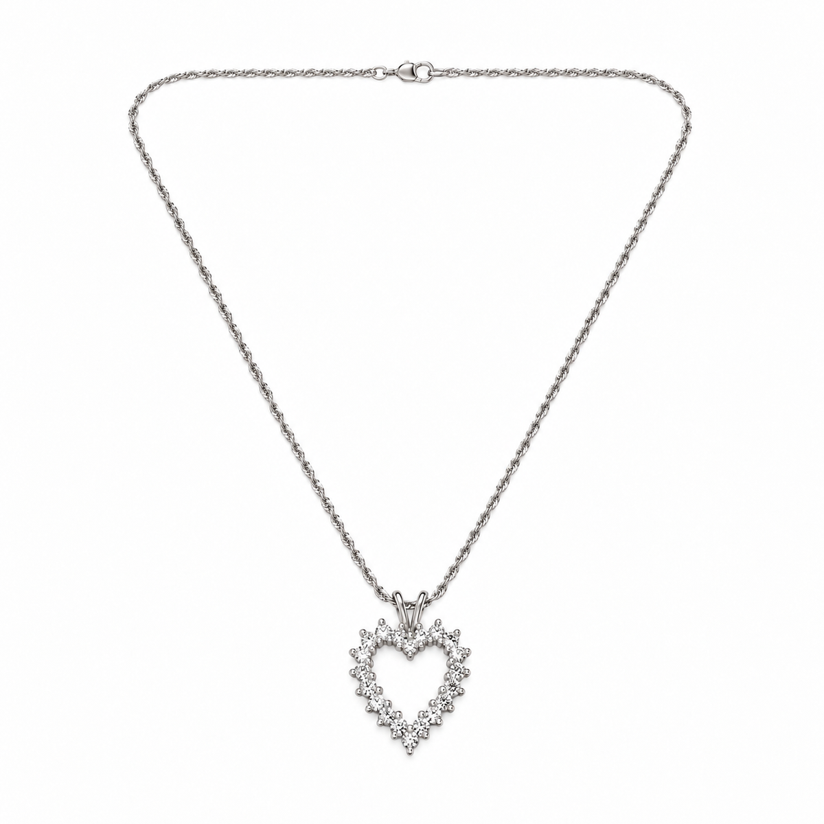 10K White Gold Diamond Open Heart Pendant Necklace