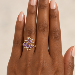 14K Yellow Gold Oval Amethyst & Diamond Floral Cluster Cocktail Ring