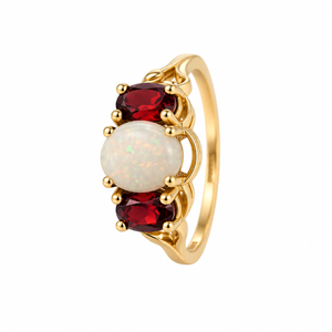 14K Yellow Gold Vintage Opal & Garnet Three-Stone Ring