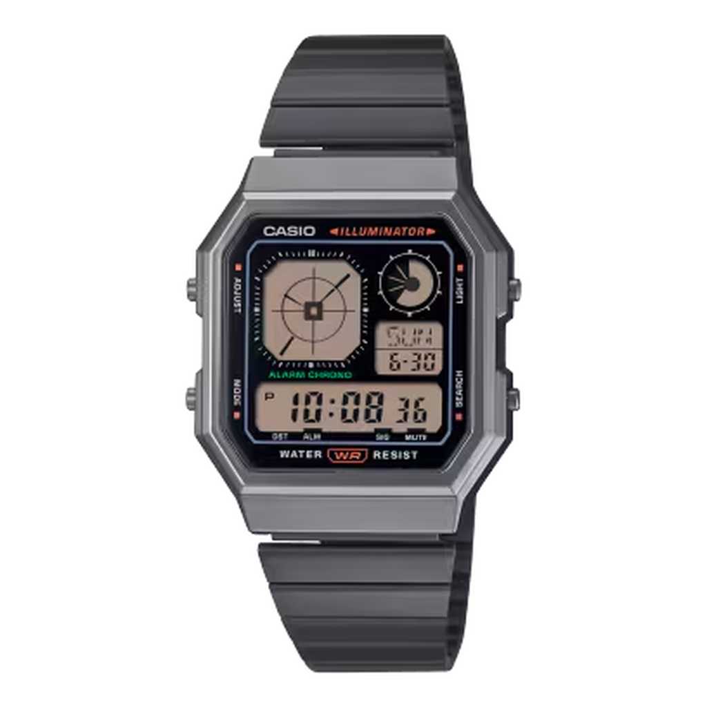 Casio Vintage Black-Tone Steel Band Digital Watch 33.9mm A130WEGG-1A front view