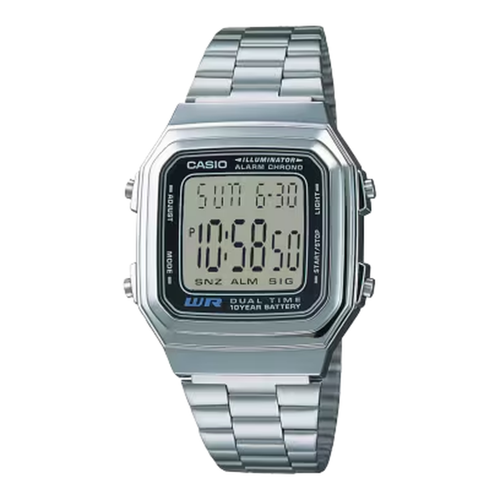 Casio Vintage Silver-Tone Steel Band Digital Watch 34mm A178WA-1A front view