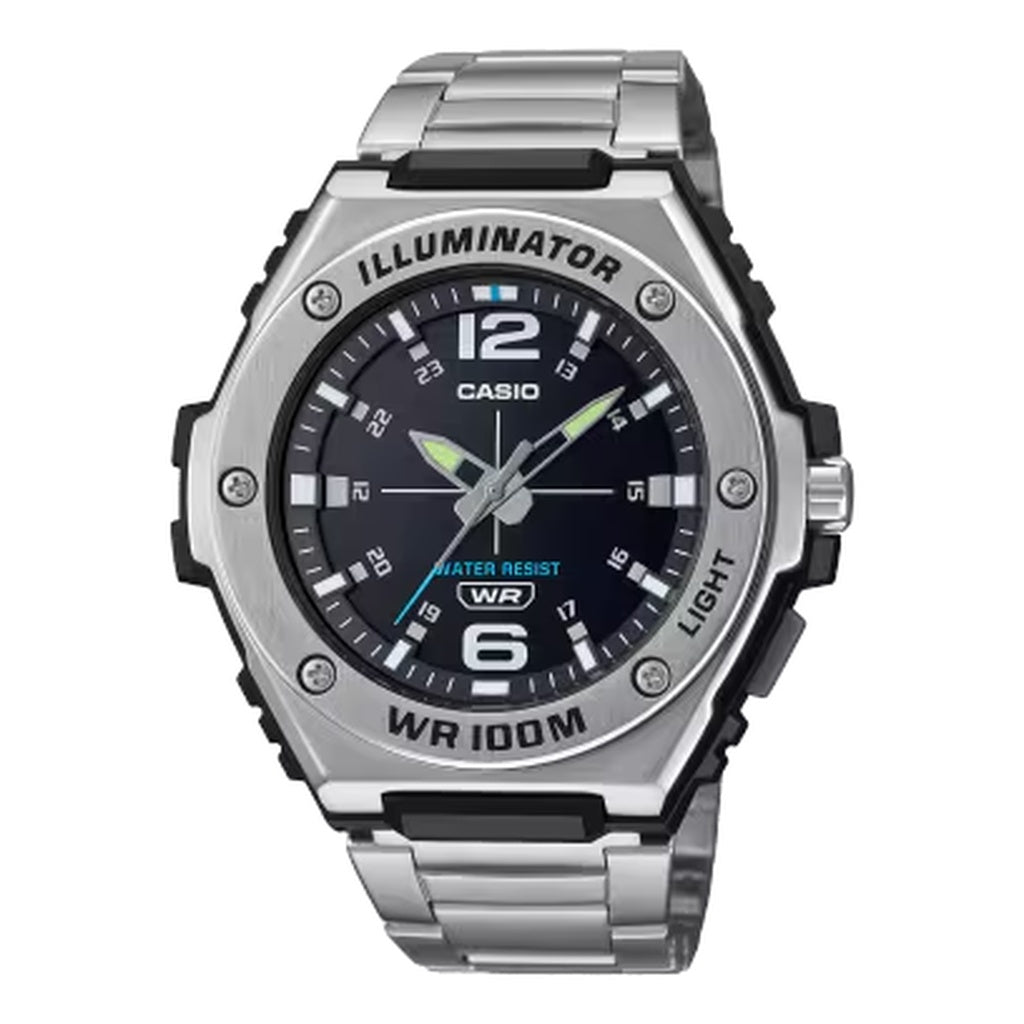 Casio Black Dial Steel Band Analog Watch 49.6mm 100m MWA-100HD-1AV front view