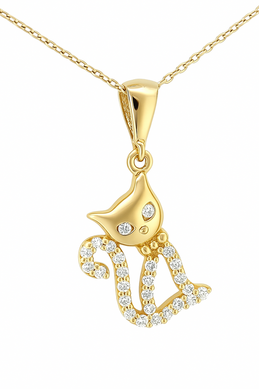 Yellow Gold  Cat Pendant  setting with Cubic Zirconia, 14k