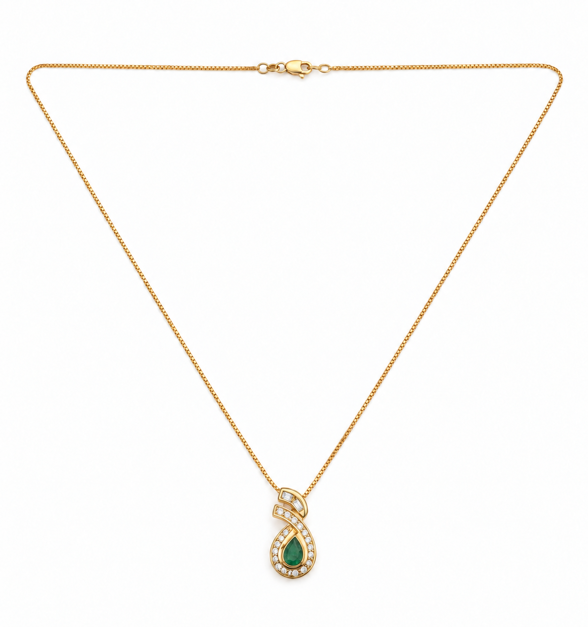 18K Yellow Gold Vintage-Inspired Emerald & Diamond Halo Necklace 17"