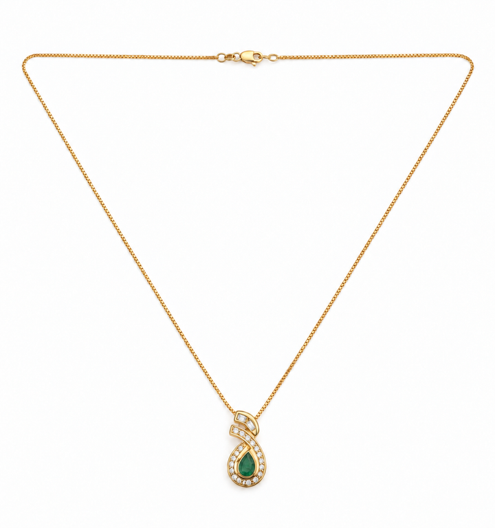 18K Yellow Gold Vintage-Inspired Emerald & Diamond Halo Necklace 17"