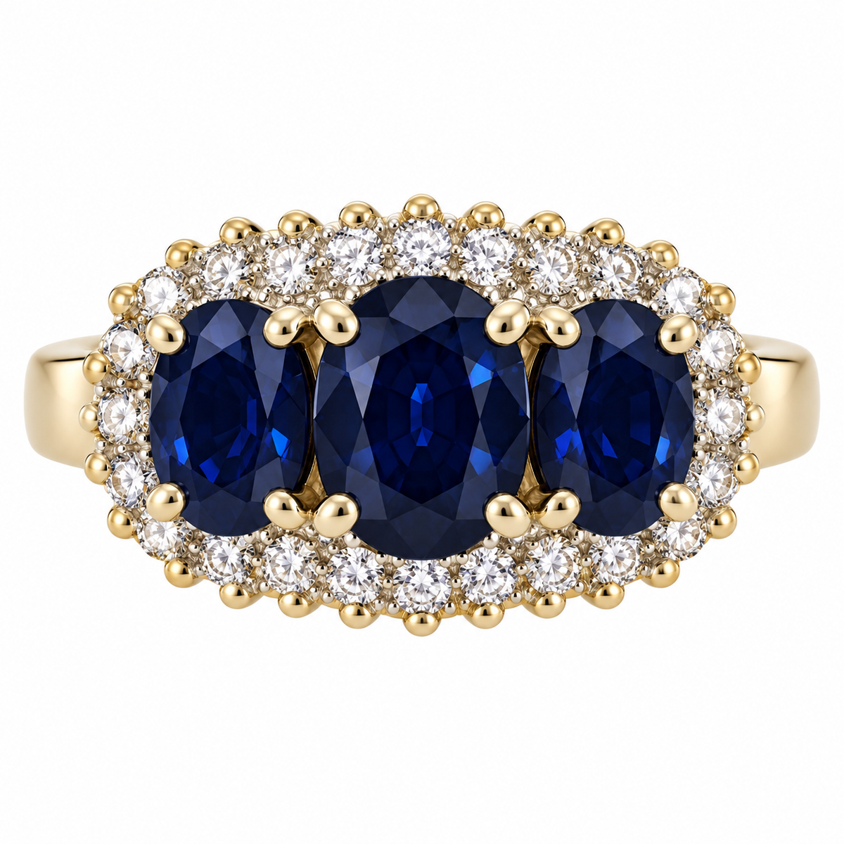 14K Yellow Gold Vintage Three-Stone Oval Sapphire & Diamond Halo Ring