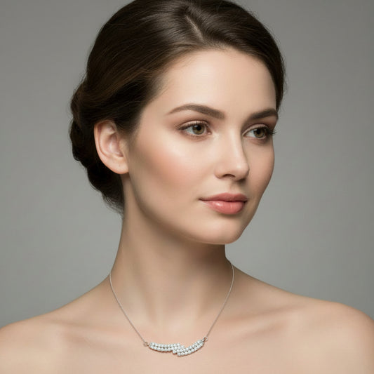 14K Vintage White Gold Diamond Wave Necklace – Pavé Cluster Curved Bar Design.