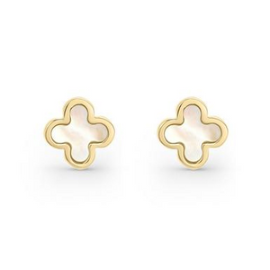 Yellow Gold Small Size Stud Mother of Pearl Clover Earrings. 18k, 2gr