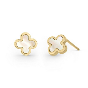 Yellow Gold Small Size Stud Mother of Pearl Clover Earrings. 18k, 2gr