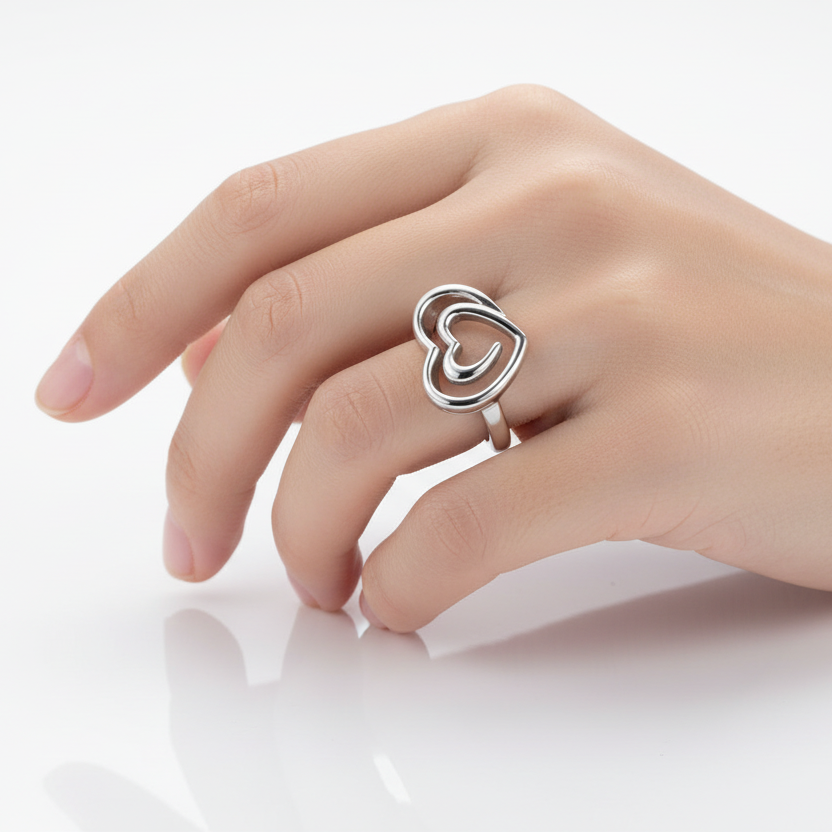 925 Sterling Silver Double Open Heart Ring