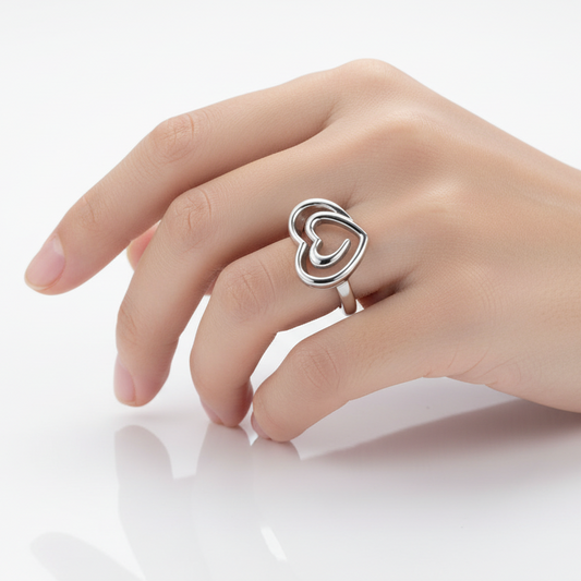 925 Sterling Silver Double Open Heart Ring