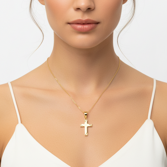 Yellow Gold  Necklace, Cross Pendant  Setting with Cubic Zirconia, 14k