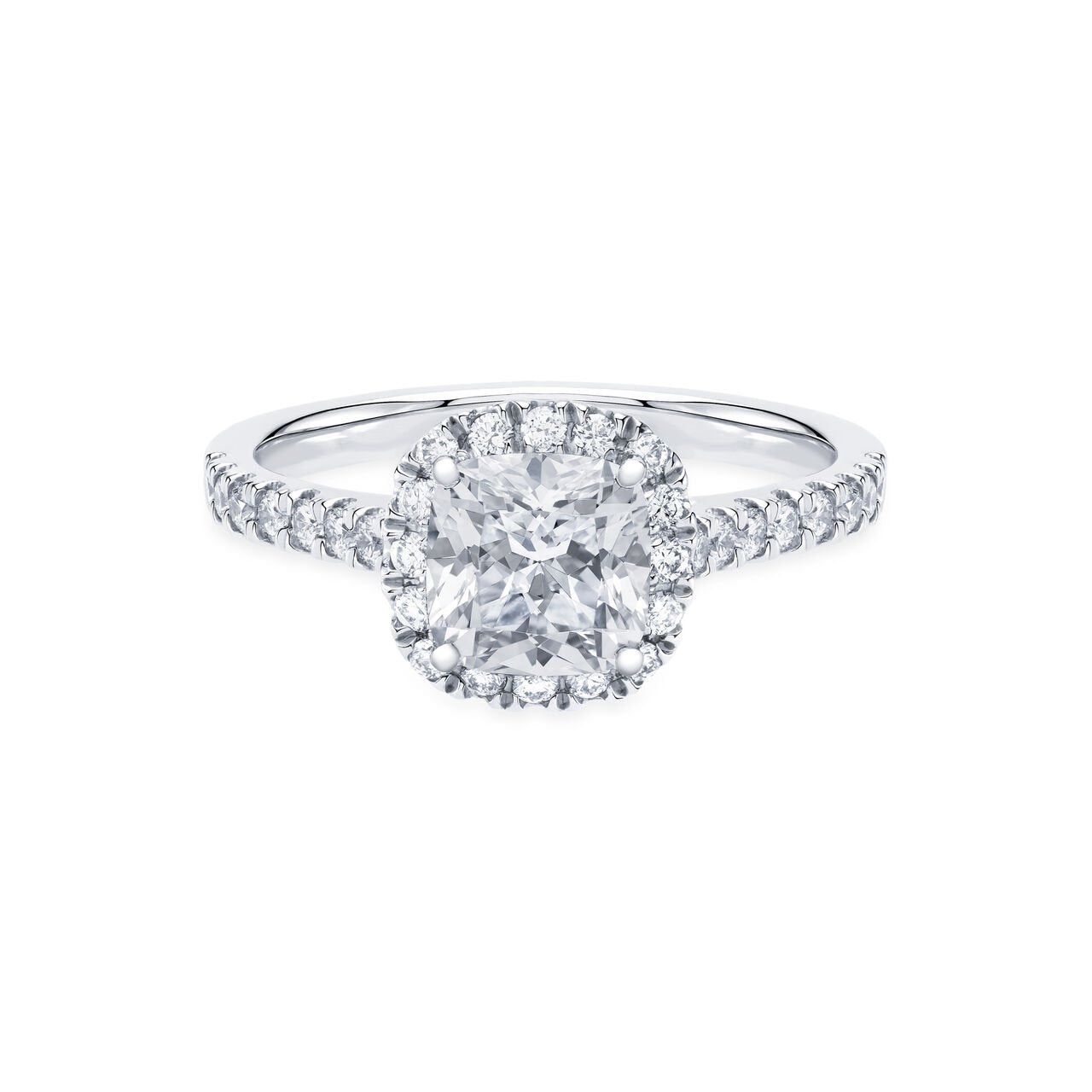 Certified Cushion Cut Diamond Engagement Ring with Halo and Pavé Band Set. 18k, 8.05gr. Centre: 1ct, TDW: 2.53ct, D, SI1