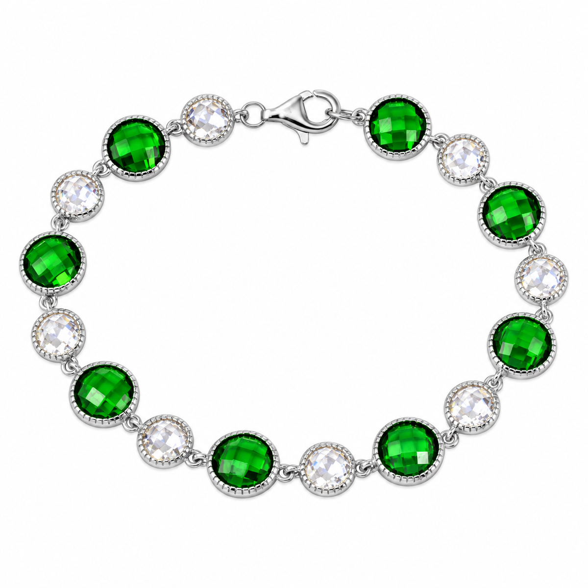 925 Sterling Silver Green & Clear Round CZ Tennis Bracelet