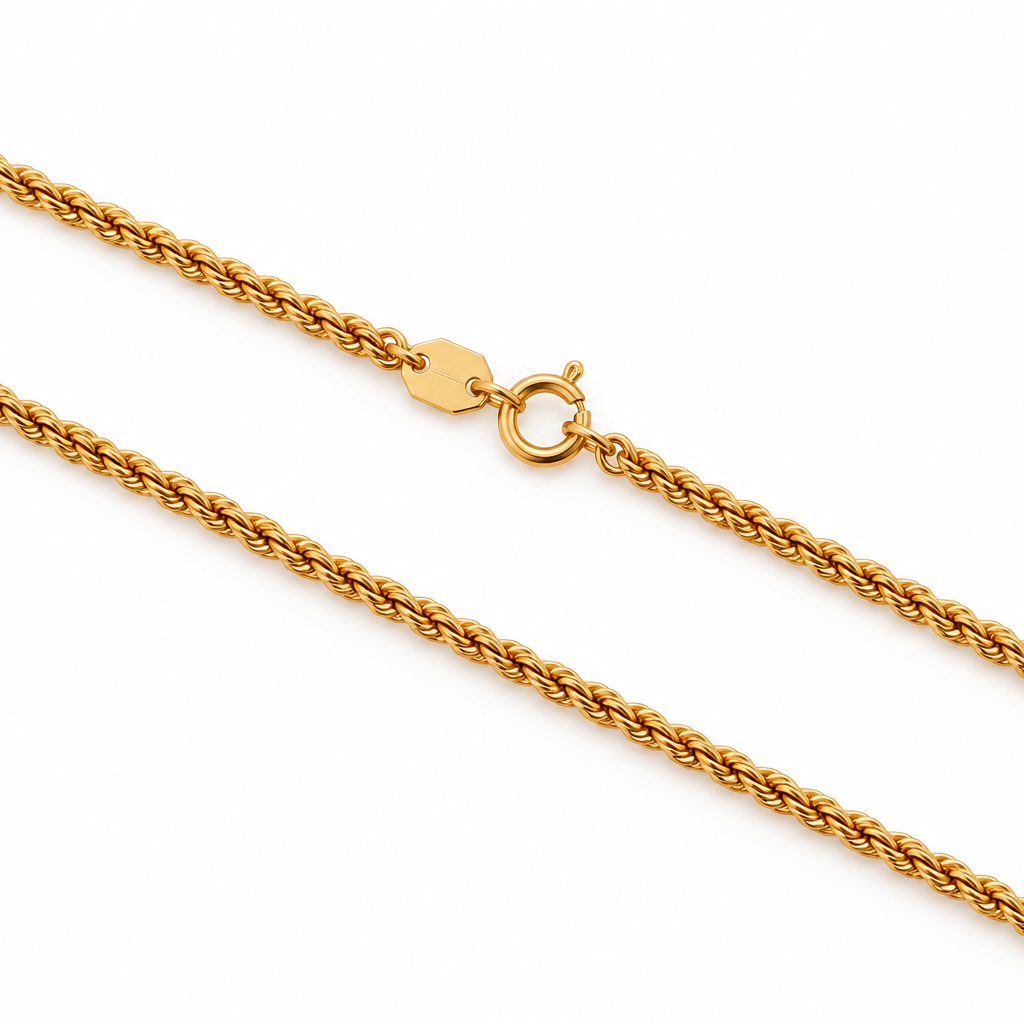 18K Yellow Gold Rope Chain Necklace 17" 1.81mm - close-up of rope twist and spring ring clasp