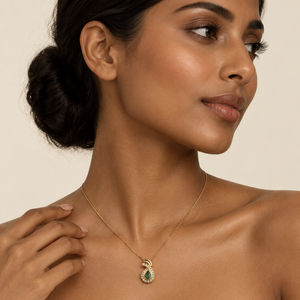 18K Yellow Gold Vintage-Inspired Emerald & Diamond Halo Necklace 17"