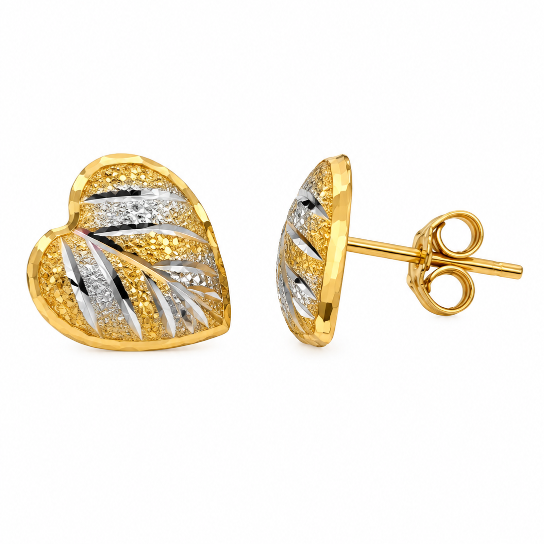 18K Two-Tone yellow and white Gold Heart Stud Earrings
