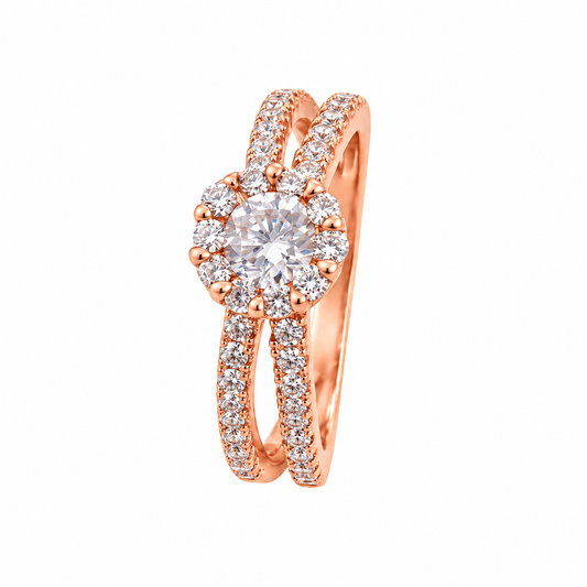 925 Sterling Silver Rose Gold Plated Round CZ Halo Bridal Ring Set