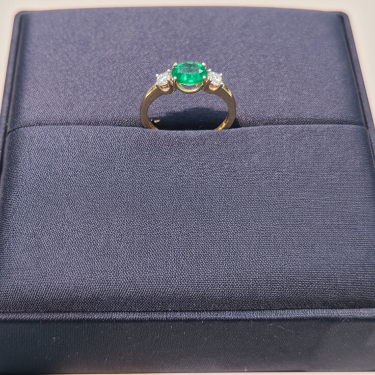 18k Yellow Gold Oval Shape Emerald and Forevermark Diamond Ring.