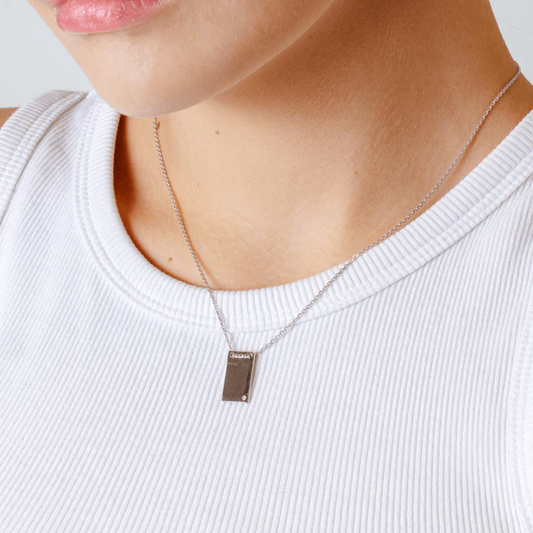 Silver Rhodium Plated Engravable Rectangular Necklace