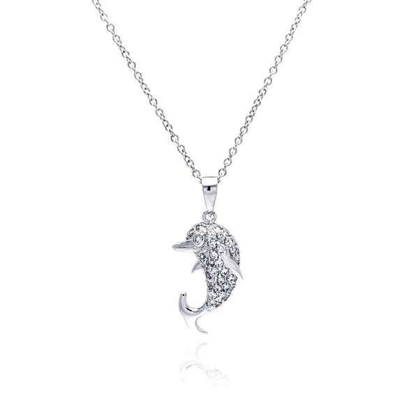 Silver Rhodium Plated Dolphin CZ Necklace