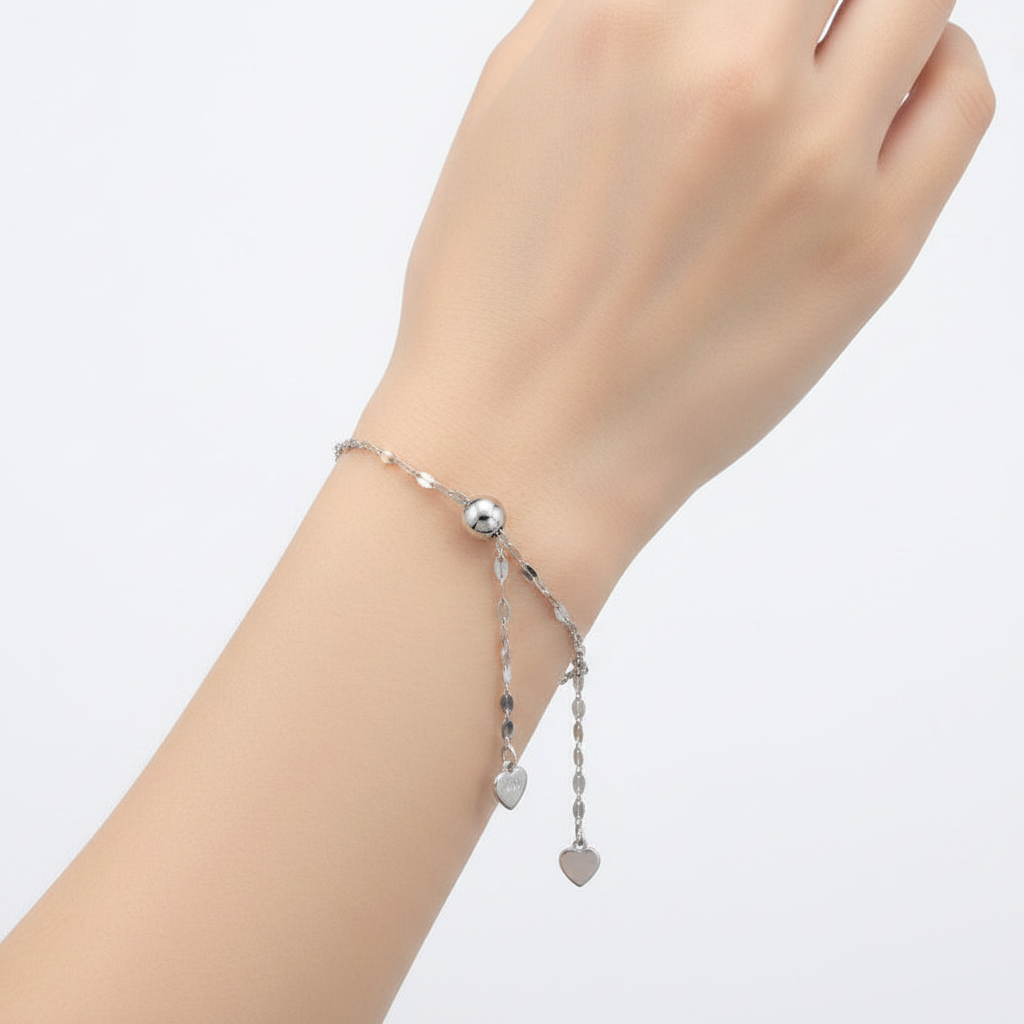 925 Sterling Silver Adjustable Heart Charm Slider Bracelet