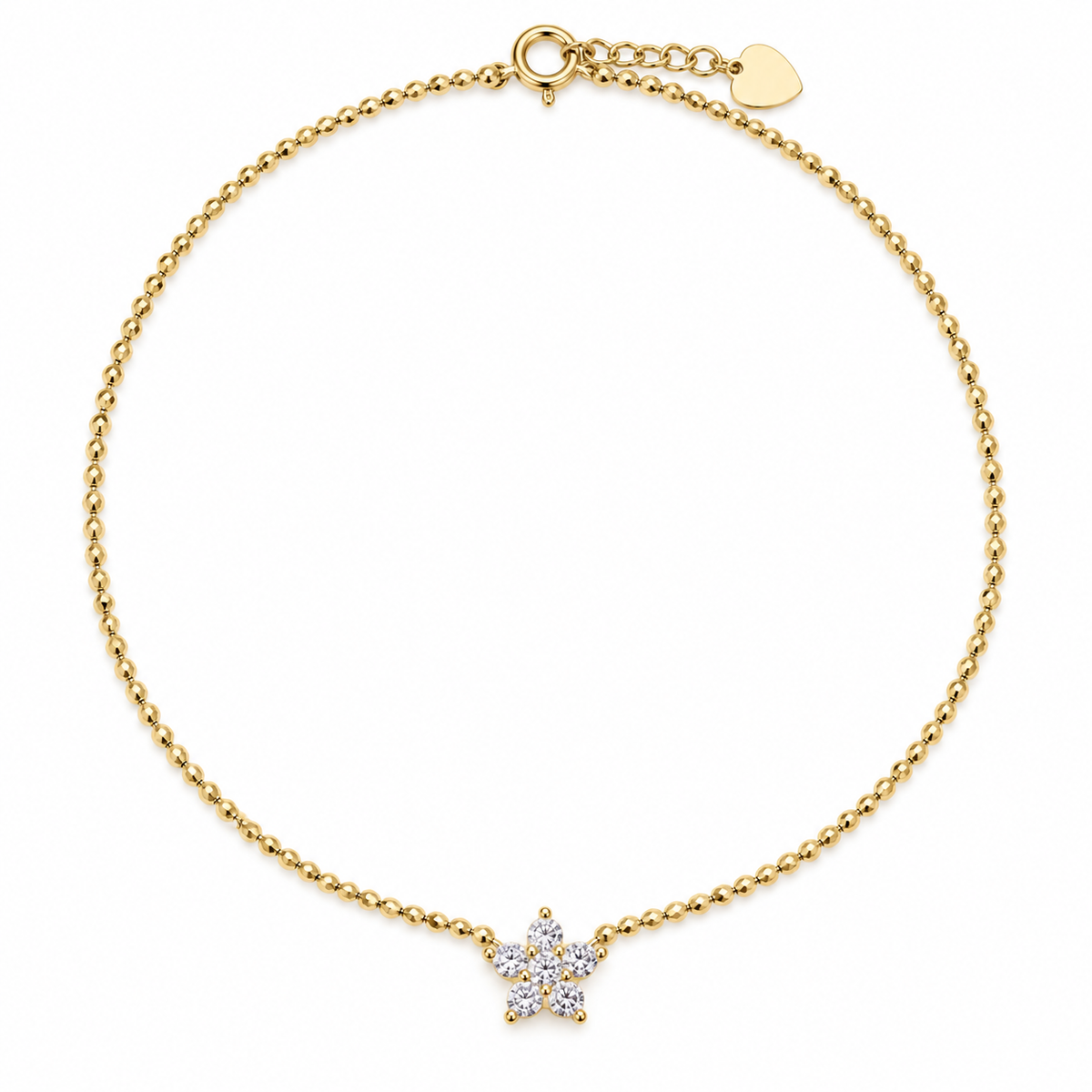 14K Yellow Gold CZ Star Station Diamond-Cut Beaded Chain Anklet