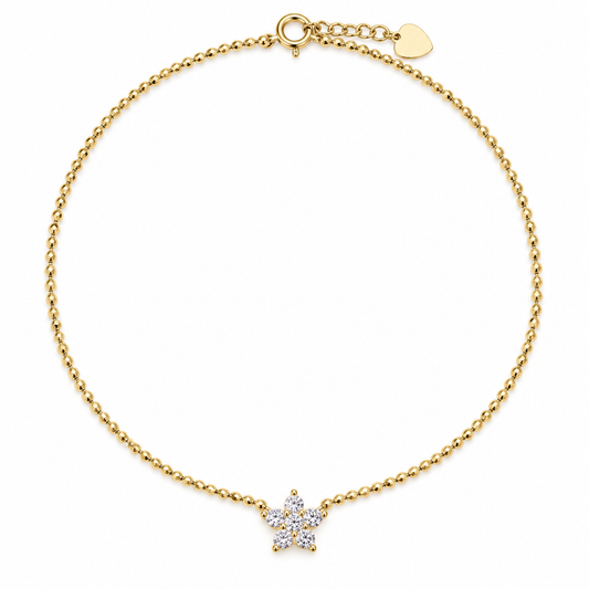 14K Yellow Gold CZ Star Station Diamond-Cut Beaded Chain Anklet