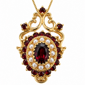 Vintage 14K Yellow Gold Victorian-Style Garnet & Pearl Scroll Pendant