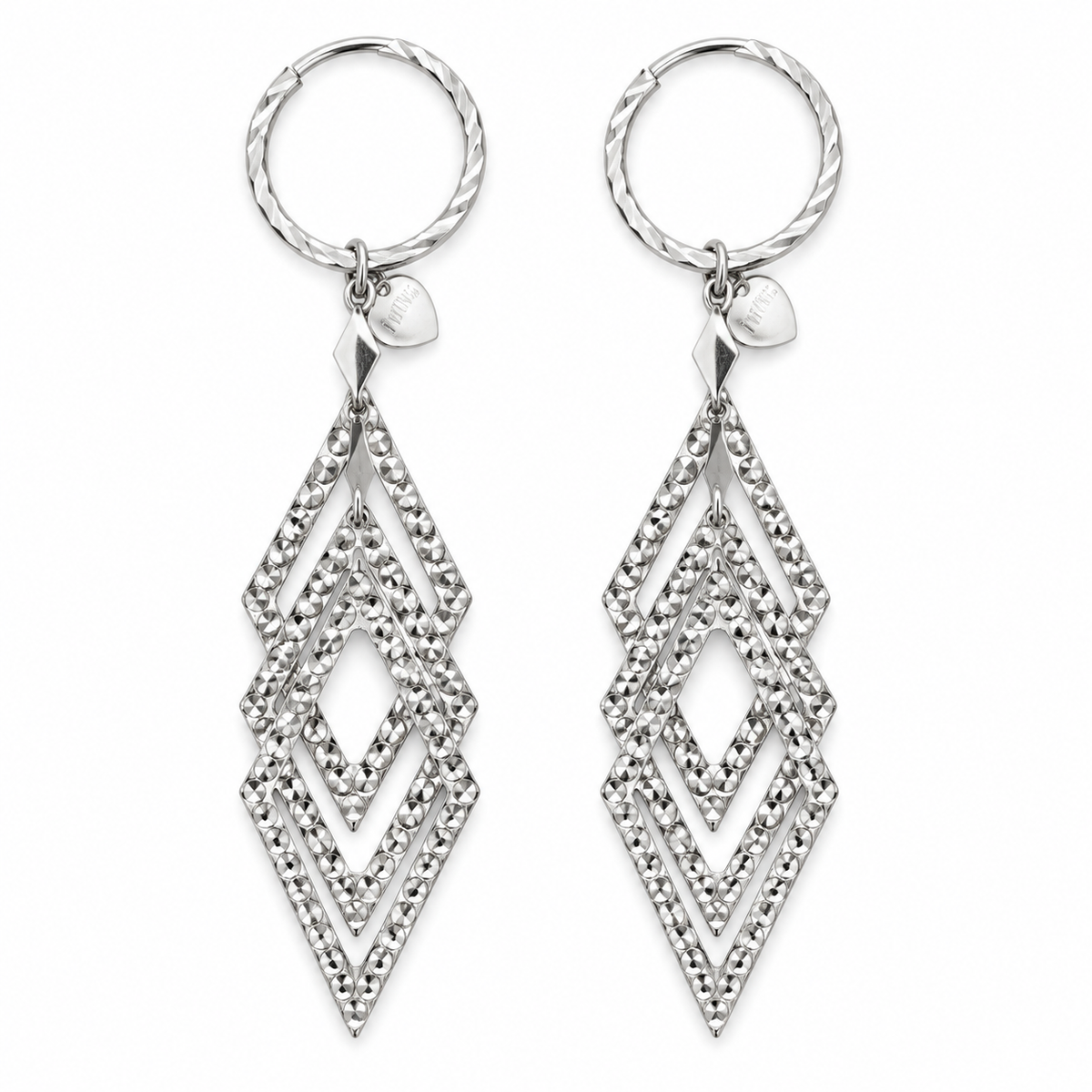 999 Platinum Layered Geometric Diamond-Shaped Drop Hoop Earrings
