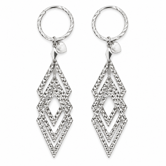 999 Platinum Layered Geometric Diamond-Shaped Drop Hoop Earrings